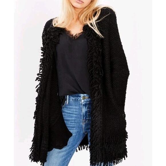 Chico's Faux Fur Trim Chunky Cardigan Sweater Coat M Black Wool Ramie Mobwives - Picture 1 of 9